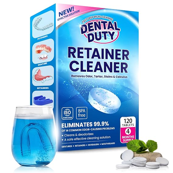 120 units Retainer Cleaner and Denture Cleaning Tablets - Mouthguard cleaner and Denture cleaner tablets Remove Plaque, Odors and Stains from Aligners, Night guard and Removable Dental Appliances