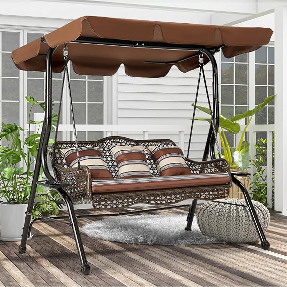 AECOJOY 3-Seat Outdoor Patio Swing Chair, Large Converting Canopy Porch Swing Glider, Hammock Lounge Chair for Porch, Rattan Wicker Steel Frame Cushion & Pillow, Brown