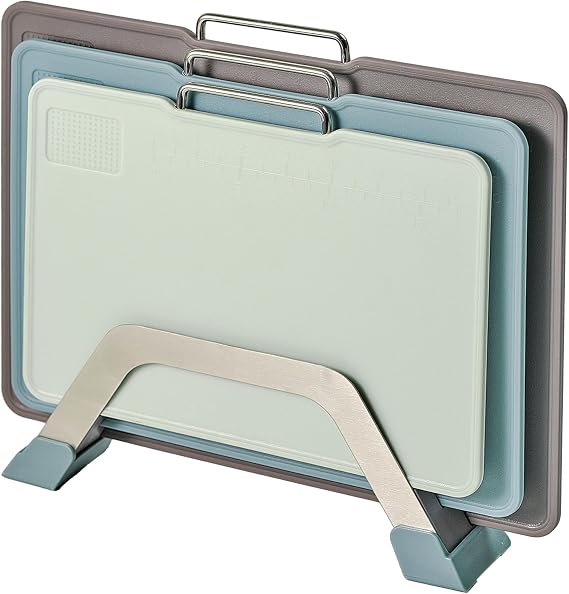 Plastic Cutting Boards with Grinding Area and Measurement, Cutting Boards for Kitchen Dishwasher Safe, Set of 3 with Holder, Non-Slip Design, Stainless Steel Handle, Blue