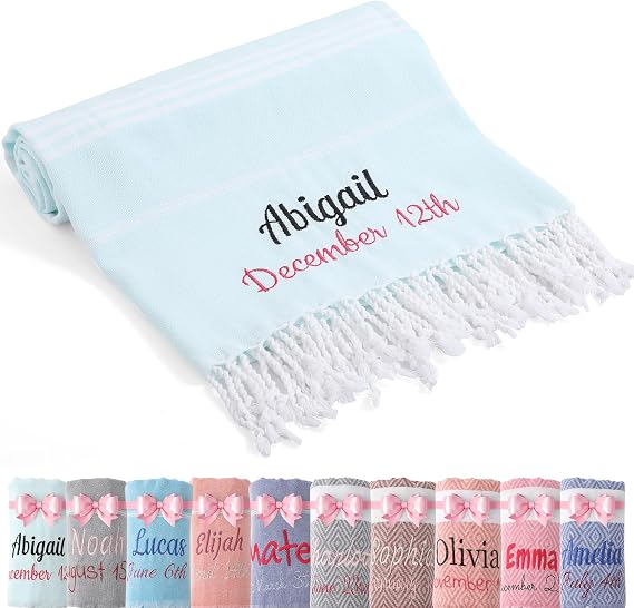 Personalized Turkish Beach Towels Oversized,Custom Cotton Embroidered Beach Towels,Personalized Girls Trip Gift Favors,Bridesmaid Gifts,Bridal Party Gifts,Beach Bachelorette(LightBlue)