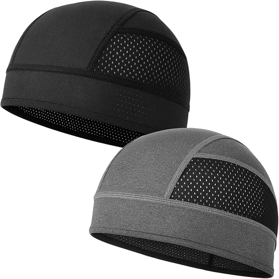 Cooling Skull Caps Helmet Liner, 2 Pcs Sweat Wicking Mesh Hard Hat Line, Lightweight Running Beanie for Cycling Motorcycle Outdoor Work, Black and Gray