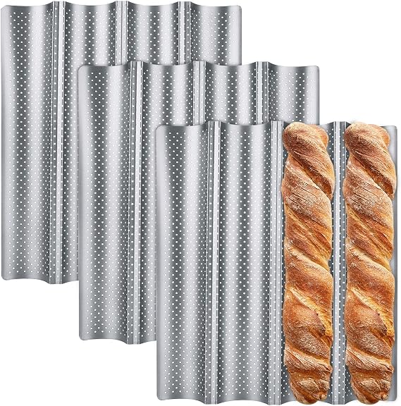 ABuff 3 Pack Nonstick French Baguette Bread Pan 15" x 13" for French Bread Baking Heat Resistant Perforated 4 Loaves Loaf Bake Mold Baguette Tray for Professional & Home Baker Baking Supplies