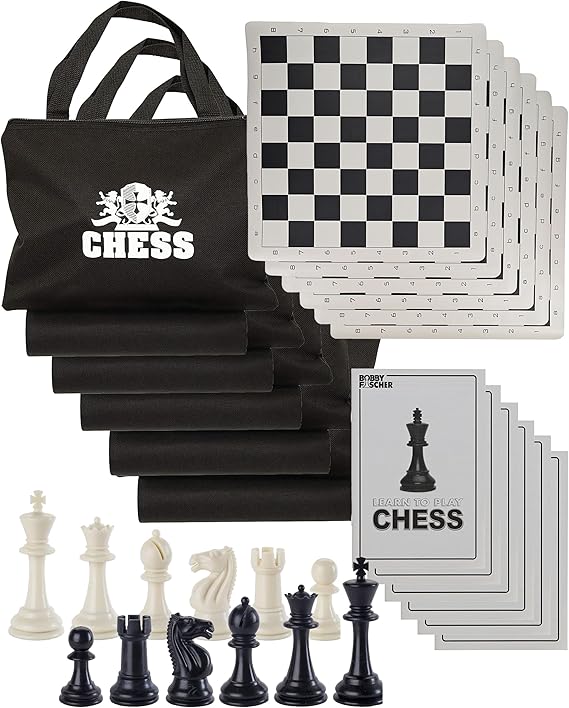 WE Games Best Value Tournament Chess Set - Includes 34 Chess Pieces, Roll Up Vinyl Chess Board, Chess Pieces, Chess Bag and Equalizer Dice, Travel Chess Sets for Adults