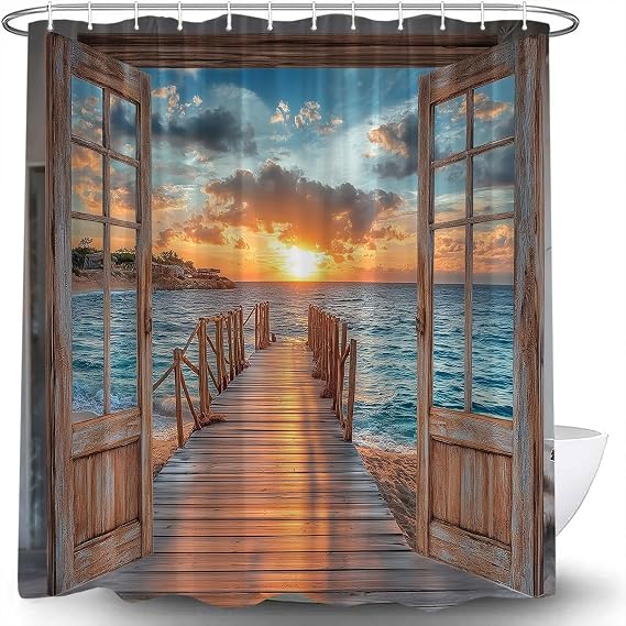 Ocean Beach Sunset Shower Curtain, 70x70 Inch | Coastal Sunset Pier View Shower Curtain, Tropical Hawaiian Island Scenery, Window Landscape Bathroom Curtain,with Hooks