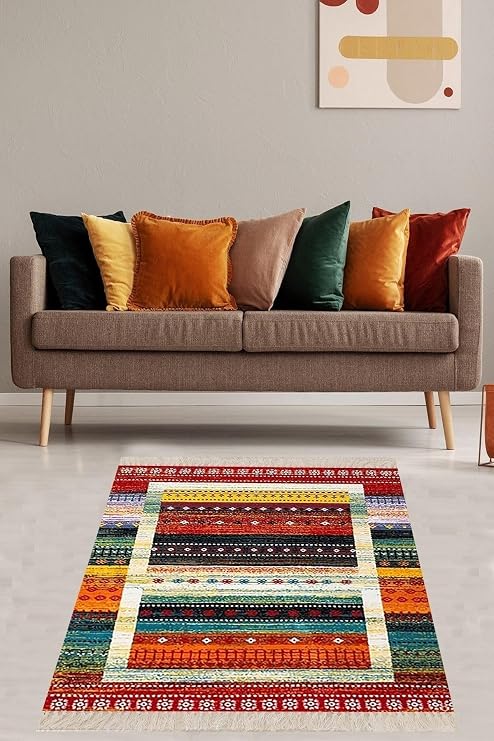On The Clouds Kilim Desenli Renk Geçişli Yıkanabilir Kaymaz Taban Leke Tutmaz Etnik Salon Halısı Ve Yolluk BFOETN1, 40 x 40