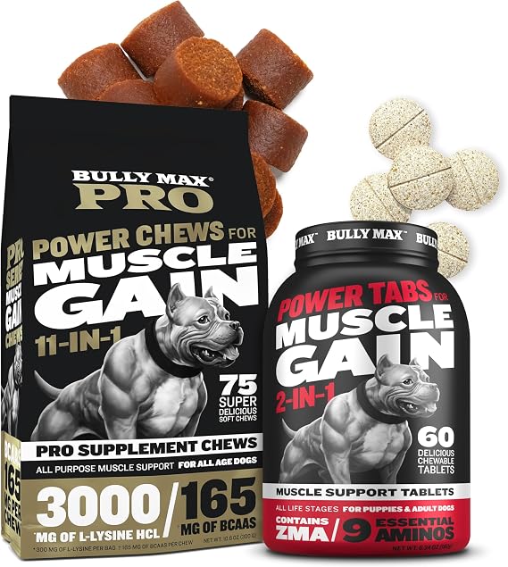 Bully Max Pro Series Power Chews and Muscle Builder Tabs (60 tabs) Bundle High Protein Chews and Daily Multivitamin Tablets for Safe Muscle Support, Recovery, and Wellness in Puppies and Adult Dogs