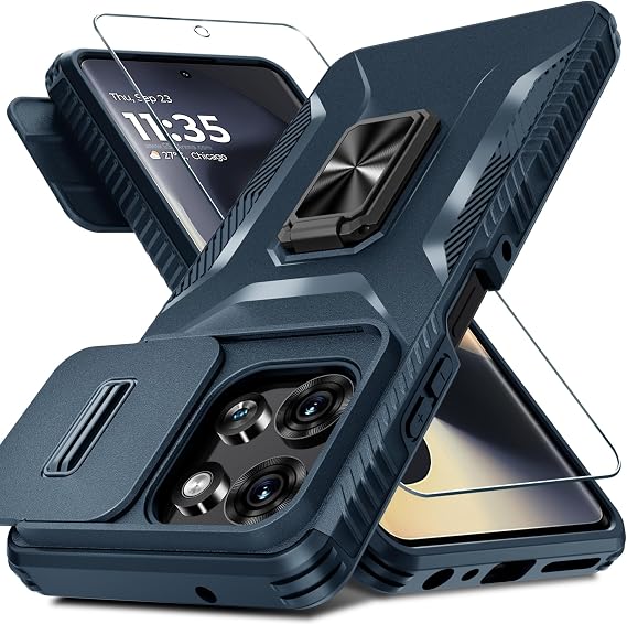 Compatible with Motorola Moto G Power 5G 2025 Case with Slide Camera Cover+Screen Protector+Metal Rotated Kickstand,Tough Hybrid Heavy Duty Shockproof Phone Cover,Blue