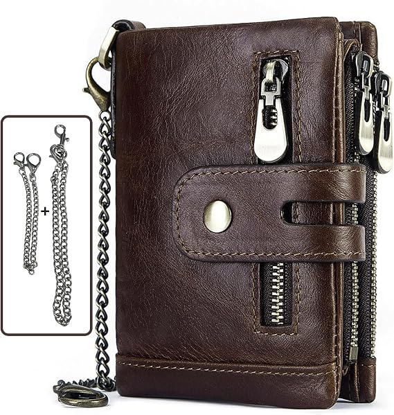 Wallet with Chain for Men Biker Wallets Anti Theft Wallet Trifold Wallet Billetera para Hombre Genuine Leather Purse(Brown)