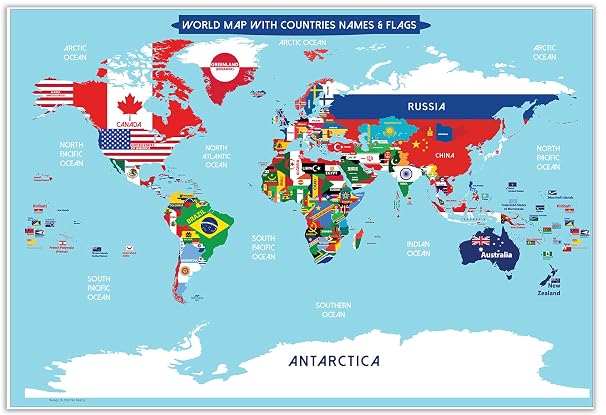World Map Poster with Countries Flags For Kids (Small Size 13 x 19 World Map Laminated) Perfect World Wall Map for School Classroom or Home