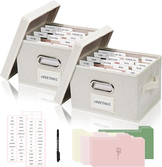 Photo Keeper Box Set of 2, 10x7.8 in Linen Ivory | 2 storage boxes w 32 dividers, 168 labels & 2 pens, keeps greeting cards envelopes organized, sturdy gift