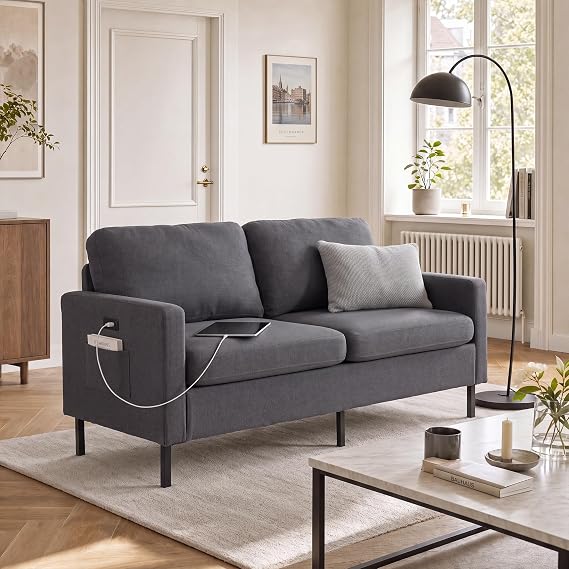 ROCSUMOO 2 Seater Sofa 143cm Linen Fabric Comfy Loveseat Modern Upholstered Small Sofa Couch for Living Room Office Apartment, Dark Gray