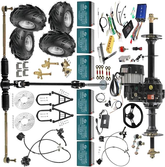 34" Go Kart 4WD Rear Axle Kit with 16x8-7 Tires & Rims, 72V 1500W Brushless Motor, Swing Arm Suspension, Front Steering Rack DIY ATV, Quad, Drift Trike Upgrade