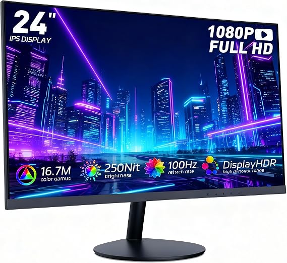 24 Inch Gaming Monitor FHD 1080P, 100Hz Refresh Rate, 3ms Response Time, AMD FreeSync, Low Motion Blur, Frameless Bezel, HDMI/DP Ports, VESA Mount Compatible for PC Gaming