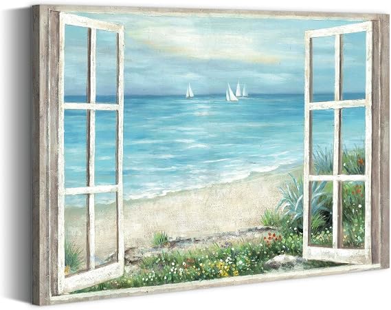 summer melody Window Beach Canvas Wall Art 36x24 Inch | Seascape Painting, Serene Ocean View Artwork, Sailboats & Wildflowers Picture, Seaside Scenery Decor for Dining Room, Kitchen