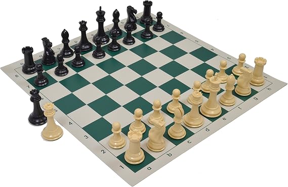 Wholesale Chess Quadruple Weighted Chess Pieces & Vinyl Board - Natural/Black Pieces, Green Board - 2 Players, Ages 6+