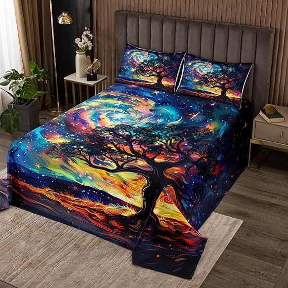 Castle Fairy Tree of Life Quilt Set for Kids Teens,Starry Galaxy Universe Bedspread,Mystery Outer Space Bed Cover Black Blue Orange Bedding Set Decorative Quilted Coverlet Set,Twin Size