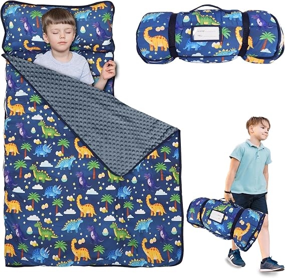 Hooyax Toddler Nap Mat with Removable Pillow and Soft Blanket, Kids Nap Mats Rockets Space Rolled Slumber Bags for Boys Preschool, Daycare, Camping 22.9 x 51.2inch Ages 3-7 Years