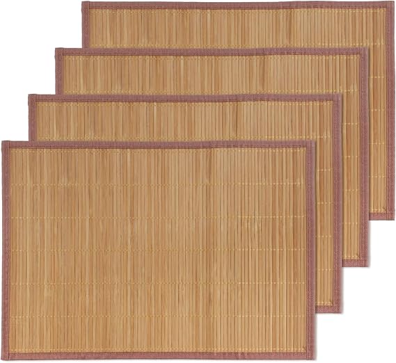 BambooMN Bamboo Slat Placemat with Brown Fabric Border - Solid Color Print - 18" x 13" - Carbonized Brown - 4pc