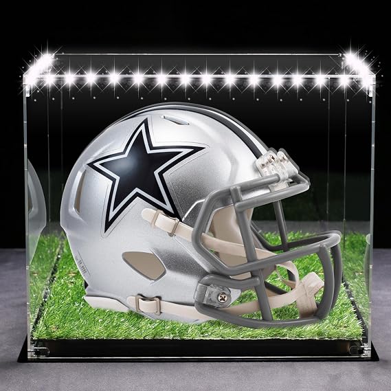 Football Helmet Display Case Full Size - LED Tricolor Light Strip, Artificial Turf Grass, Mirror Back, Focus On Helmet Display Case.