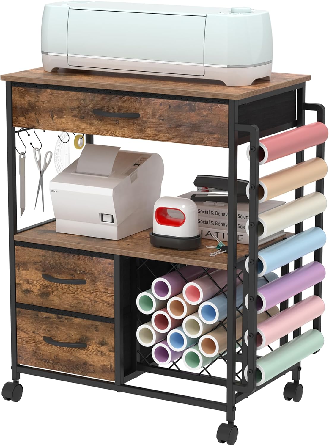Trironsun Storage Cart Compatible with Cricut Machines Rolling Craft Cabinet with Drawers and Vinyl Roll Holder Mobile Cutting Machine Stand Table for Cricut Craft Workstation