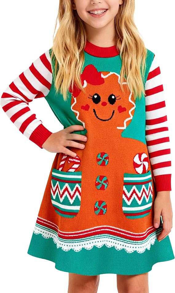 Toddler Christmas Sweater Dress Little Girl Long Sleeve Winter Xmas Knit Ribbed Cuffs Dresses