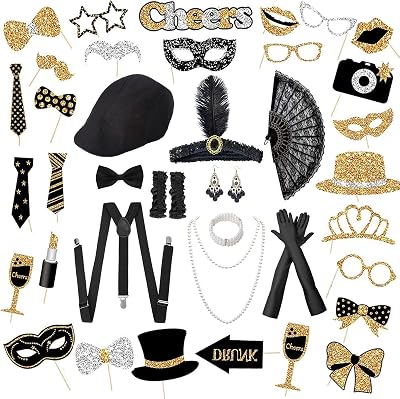40 Pcs 1920s Party Decoration Couple Cosplay Costume Roaring Retro Costume Including Roaring 20s Photo Booth Props Headband Gloves Gangster Hat Accessories Kit Birthday Theme Party Supplies