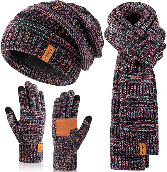 Winter Beanie Hat Scarf Gloves Set for Women, Slouchy Beanie Long Scarf Touchscreen Gloves, Warm 3 in 1 Set