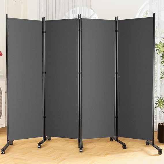 SUNALLY Room Divider Privacy Screens, 4 Panels Dividers with Wheels, Grey