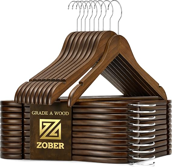 ZOBER Wooden Hangers - Heavy Duty, Non Slip Wood Hangers for Coats, Jackets, Suits, Pants - Coat Hangers for Closet W/Bar and Notches 20 Pack
