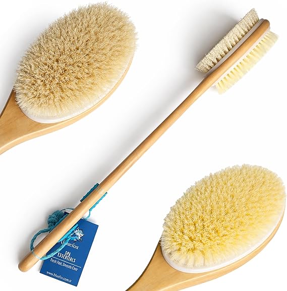 Bluefox Sırt ve Vücut Temizleme Fırçası - 2 Taraflı Sert & Yumuşak Lifli, Bambu Uzun Saplı (43cm), Ölü Deri ve Gözenek Temizleyici, Pürüzsüz ve Canlı Cilt İçin İdeal