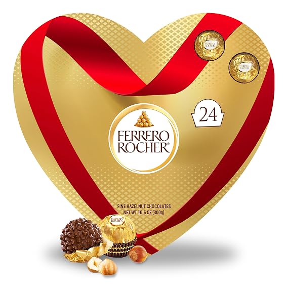 Ferrero Rocher, 24 Count, Premium Milk Chocolate Hazelnut, Valentine's Chocolate Heart Gift Box, 10.6 oz