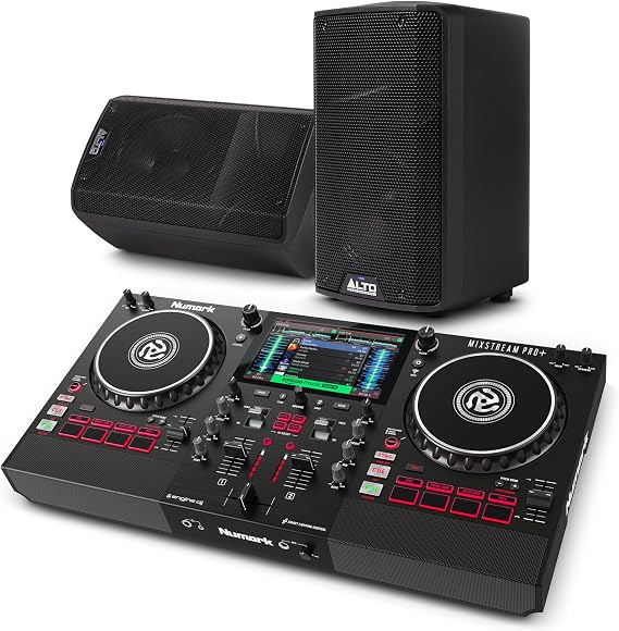 Numark Mixstream Pro+ DJ Controller and ALTO TX408 Powered PA Speakers Pair for Live Music, DJ sets, Events, Music production