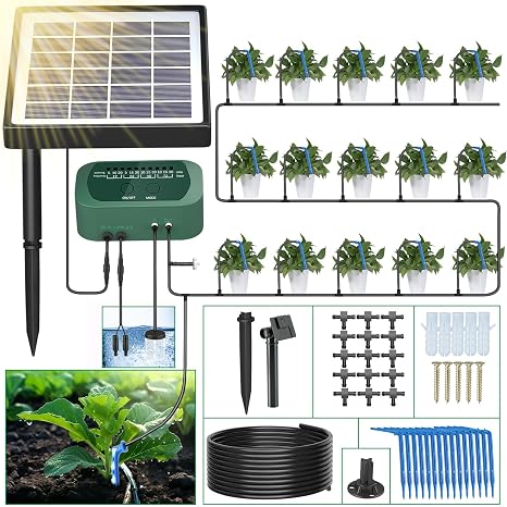 SoulBay Solar Irrigation System, Self Automatic Greenhouse Watering Systems Drip Irrigation System Kit with Timer and 15m Hose for Garden Indoor Outdoor Plants Lawn Potted Balcony Vegetables