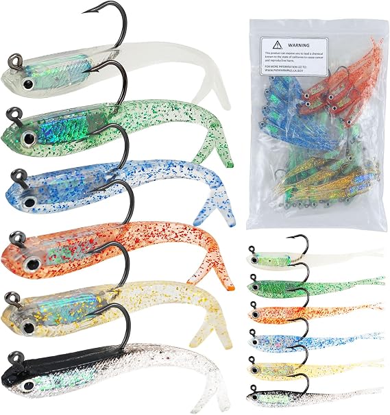 30Pcs Swim Baits for Bass Fishing, Pre-Rigged Jig Heads Soft Plastic Split Tail Lures for Freshwater Saltwater 3in/0.21oz