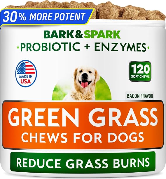 BARK&SPARK Green Grass Dog Chews Dog Pee Grass & Urine Neutralizer Lawn | Grass Burn Spot Chews with Probiotics & Enzymes, Helps Reduce Lawn Burn from Dog Urine (120 Soft Chews)