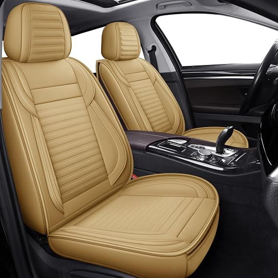 Front Car Seat Covers, Faux Nappa Leather for Sedan SUV, 2 Seats | Waterproof, Breathable and Airbag Compatible, Helps Reduce Slipping, Beige