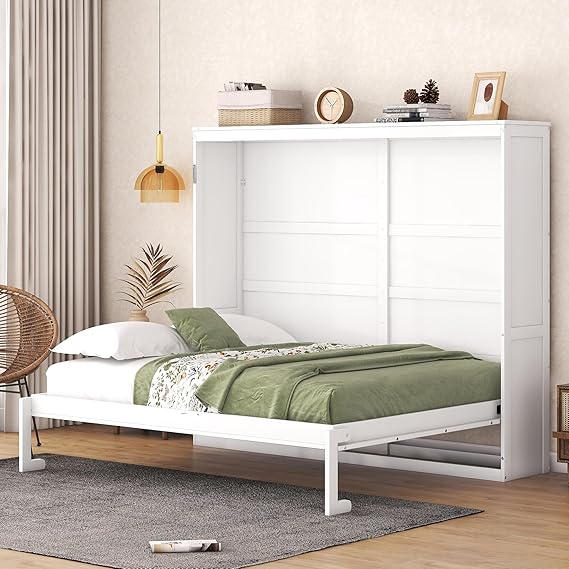 White Queen Size Murphy Bed Frame, Foldable Cube Cabinet Queen Size Platform Bed, Modern Murphy Bed, Space-Saving Wall Bed for Guest Room or Home Office, No Box Spring Needed, Noise Free