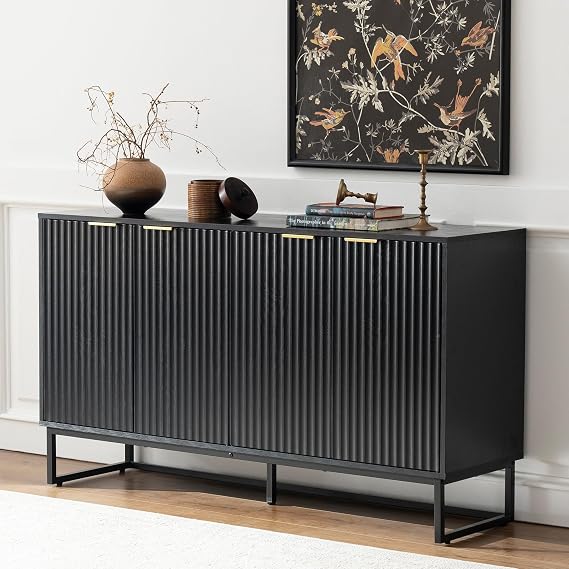 EYYTHUNG Black Fluted Sideboard Buffet Cabinet with 4 Doors, Modern Accent Kitchen Storage Cabinet with Adjustable Shelves, Boho Console Table Bar Cabinets Storage Credenza for Living Room Dining Room