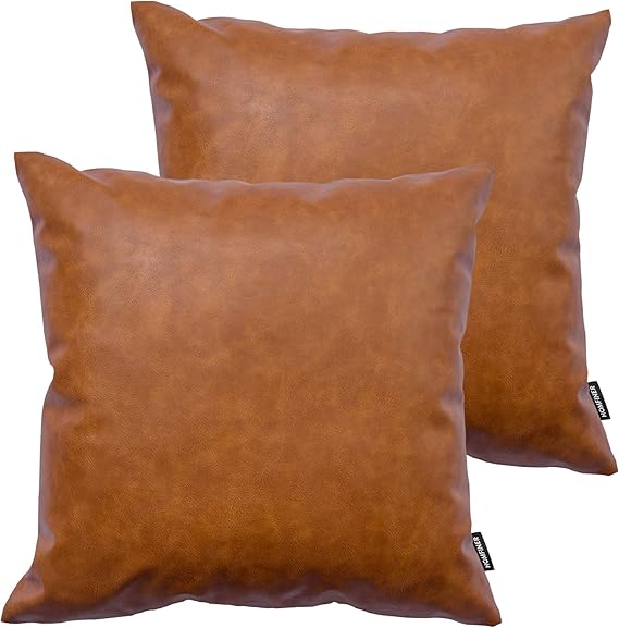 Faux Leather Throw Pillow Covers 16x16 inch, Set of 2 Thick Cognac Brown Modern Boho Farmhouse Decor Small Square Decorative Bedroom Living Room Cushion Cases for Couch Bed Sofa