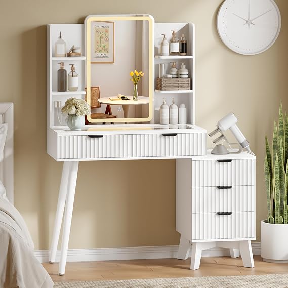 Fluted Makeup Vanity Desk with Mirror and Lights, 42" Modern White Dressing Table for Small Spaces, White Vanity with 5 Drawers & Power Strip, Solid Wood Legs, 3 Lighting Modes for Bedroom