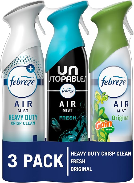 Febreze Odor-Fighting Air Freshener Spray, Room Spray, Unstoppables Fresh, HD Crisp Clean and Gain Original Mix, 8.1oz, 3 count