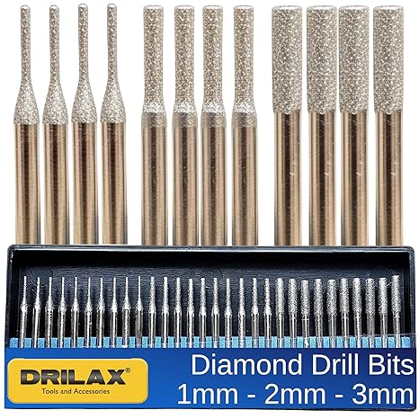 Drilax Diamond Drill Bits for Stone and Glass 30 Pc Set 1mm, 2mm, 3mm 18 Shank for Dremel & Rotary Tools Jewelry Making, Gemstone, Sea Glass and Lapidary Drill Bits Kit
