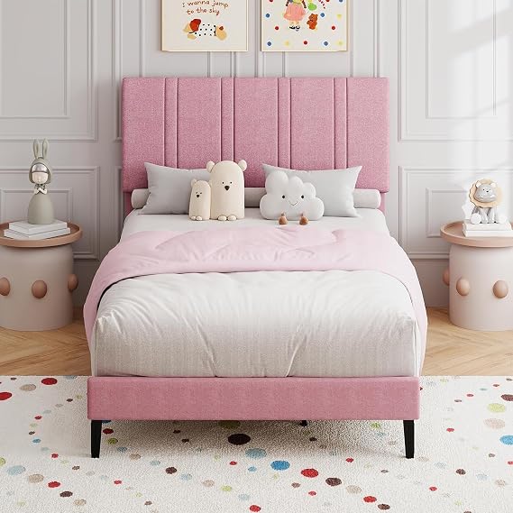 MaverickFurni Twin Bed Frame for Kids with Upholstered Headboard, Pink