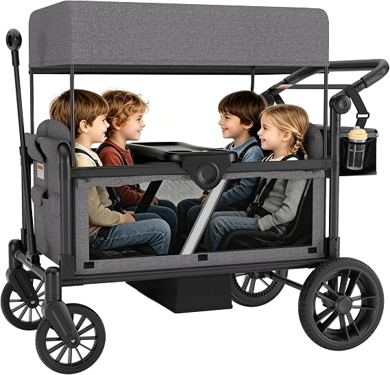Stroller Wagon for 4 Kids, Foldable 4 Seats Outdoor Stroller Wagon with Side Entry & 5-Point Safety Harness, Foldable Wagon Cart with Adjustable Push & Pull Handle, Removable Canopy (Grey)