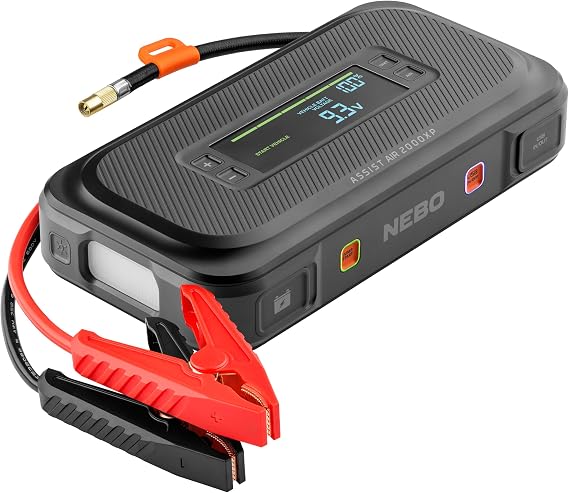 NEBO Assist Air 2000XP Jump Starter & Air Compressor, 12V, 2000A, 150 PSI | Portable Car Jump Starter, 45 Jumps/Charge, 150 PSI Tire Inflator, Spark-Proof Safety, USB Power Bank, Emergency LED Light