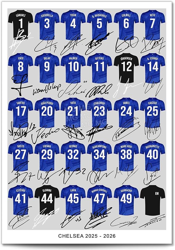 Mounted Gifts West London Blue Team Squad 2025-2026 Signed Poster Print Framed Picture Photo Autograph Gift 25/26 Enzo Cole Palmer Garnacho Joao Pedro (A4 Squad Poster)
