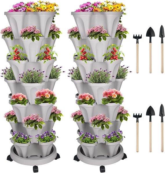 GameXcel Vertical Planter Tower - 7 Tier Stackable Garden Planters with Wheels and Tools Plant Pots for Strawberry Herb Flower and Vegetable Indoor Outdoor Use Gray 2 Pack