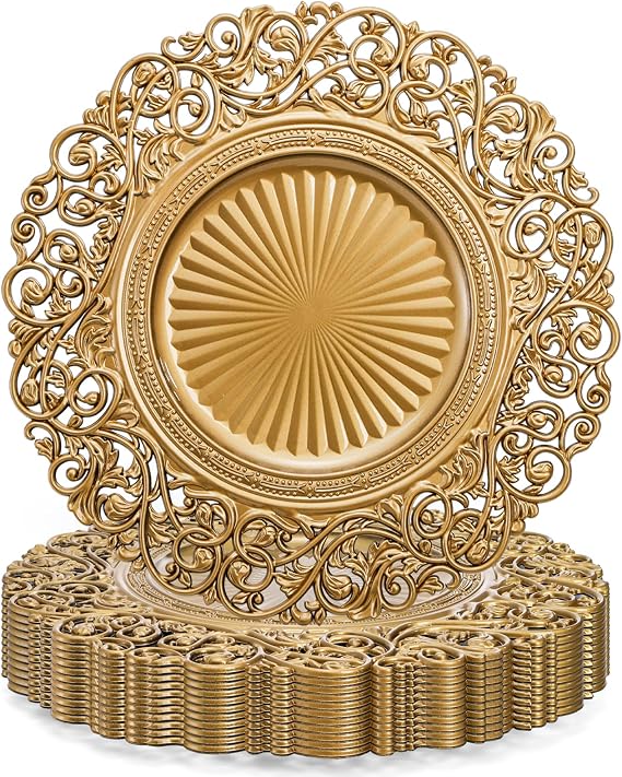 Foraineam Gold Charger Plates Set of 12, 13" Round Plastic Dinner Chargers, Decorative Hollowed Out Flowers Serving Plates for Table Setting, Catering, Wedding, Party, Event