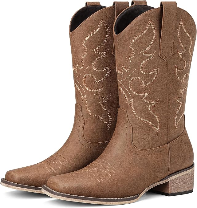 Cowboy Boots for Women Square Toe Wide Calf Mid Calf Cowgirl Boots