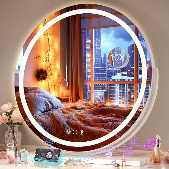 Hasipu Vanity Mirror with Lights and Bluetooth, 24" LED Makeup Mirror, Lighted Makeup Mirror with Lights, Smart Touch Control 3 Colors Dimmable Round Mirror 360Rotation White